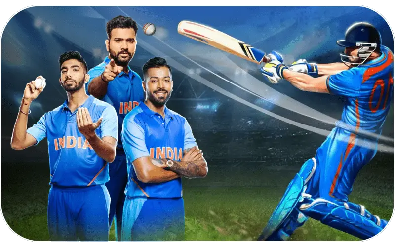 Indian cricket players batting and bowling in a stadium